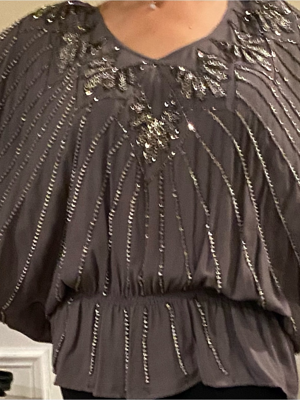 Embellished Long Sleeve Blouson Dress — Charcoal Gray